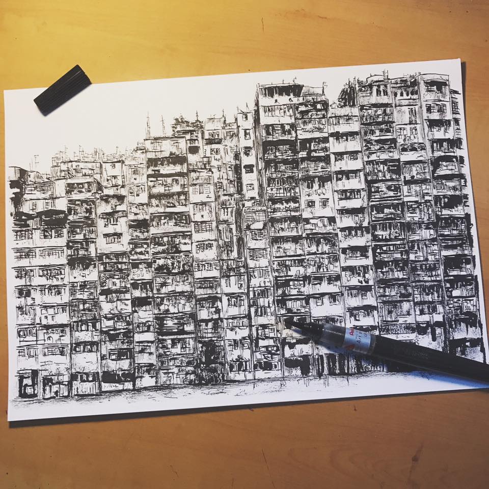 香港藝術 插畫家 Pen So 黑白漫畫 災難之後 九龍城寨 本土文化 畫作 建築群