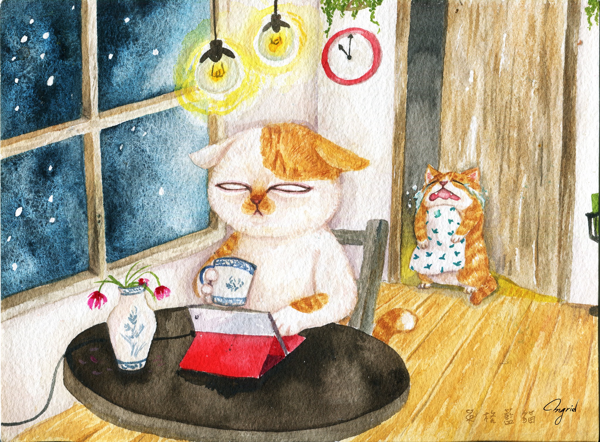 台灣 插畫師 前動畫師 Ingrid 英格藍貓 水彩 療癒 媽媽崩潰的日常 貓媽媽 貓 工作